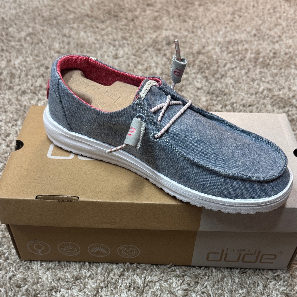 Hey Dude women’s Denim Blue and Red Loafers